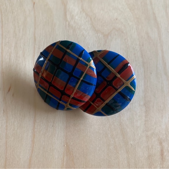 VINTAGE TARTAN PLAID EARRINGS BLUE RED YELLOW AND BLACK PATTERN - Picture 5 of 5